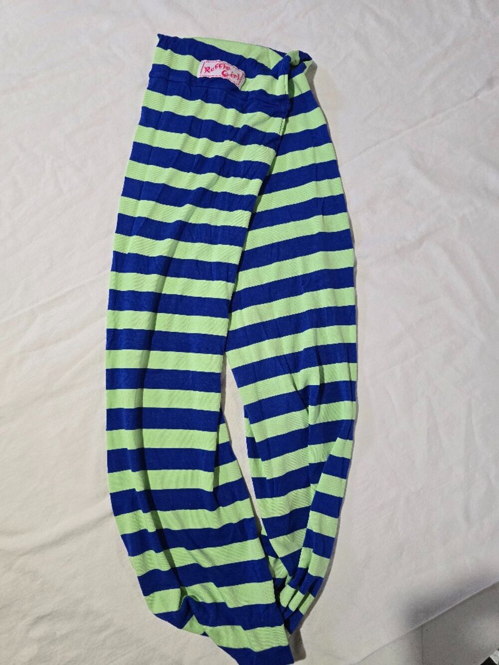Ruffle Girl Infinity Scarf – Blue and Lime Green Striped – Lightweight Accessory